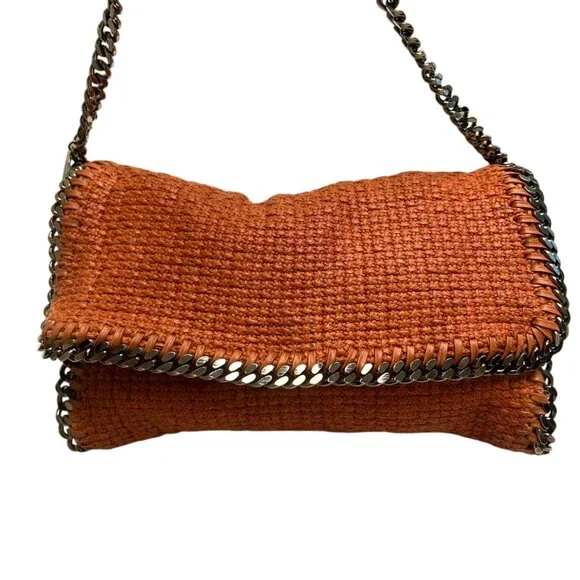 Stella McCartney Raffia‎ Falabella Flap Shoulder Bag Salmon Red Chain Clutch - Picture 9 of 12